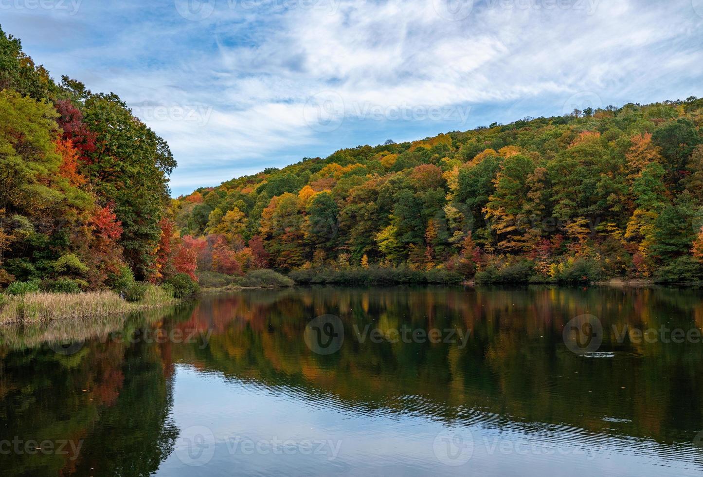 coopers rock lake i delstatsparken med höstens höstfärger foto