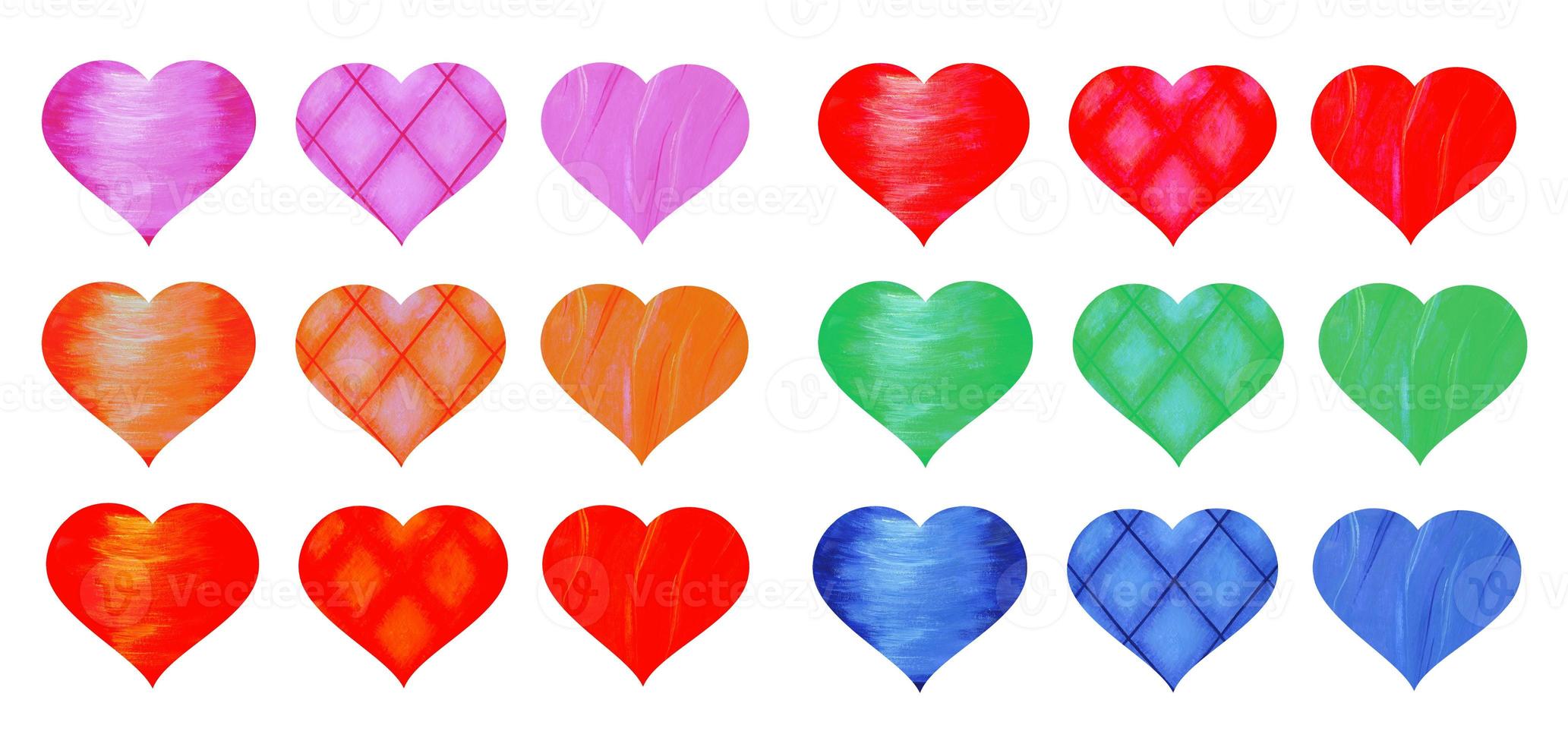 uppsättning färgade akvarell hjärtan på en vit bakgrund. färgglad ljusröd, röd, blå, rosa, grön, orange. alla hjärtans dag, bröllop. ikoner, designelement för kort och inbjudningar. foto