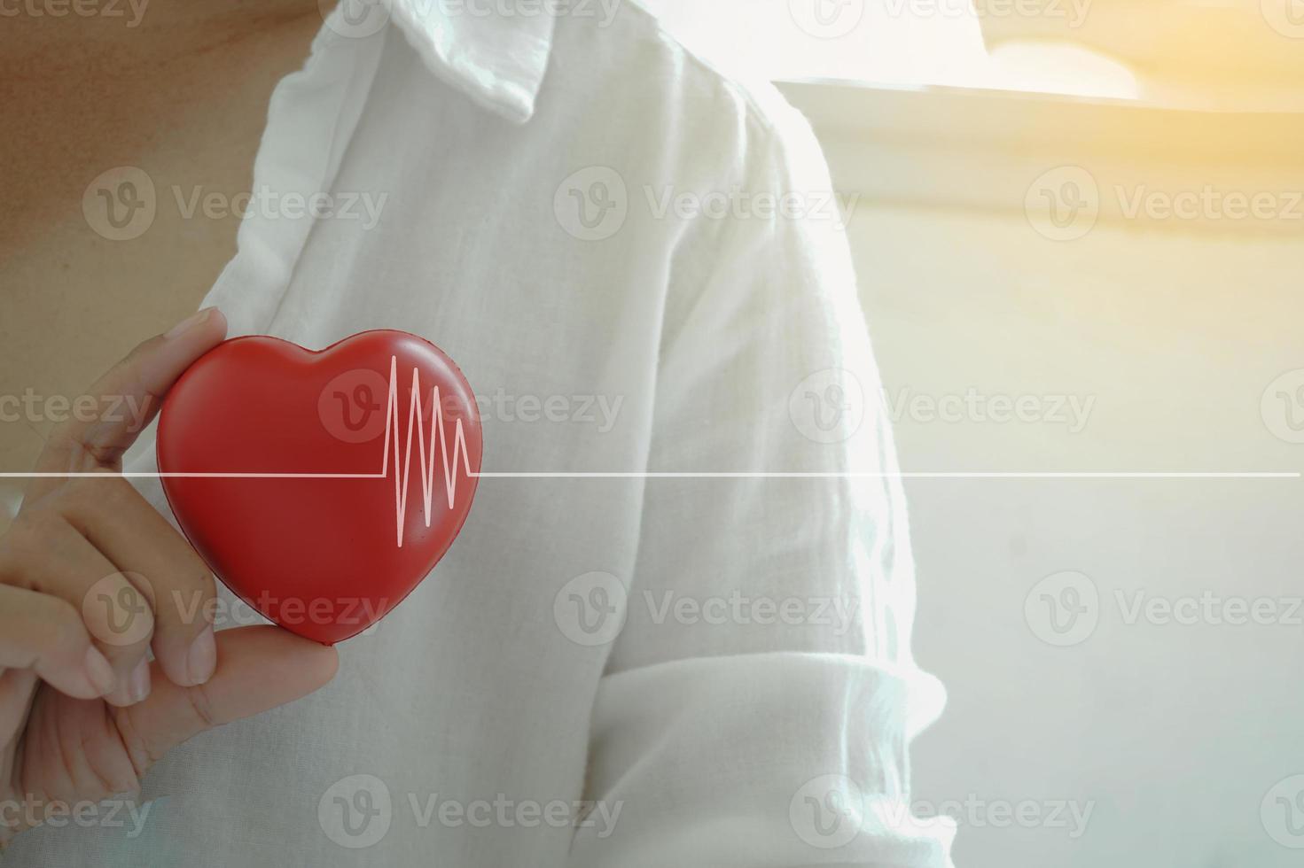 kvinnor som håller rött hjärta med vitt hjärtslag, hjärtkontroll, årlig hälsokontroll. foto