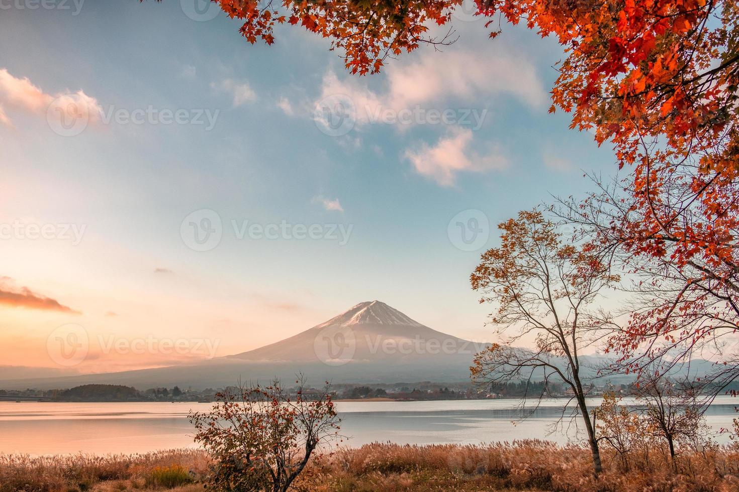 berget fuji med lönnlöv täckta på hösten foto