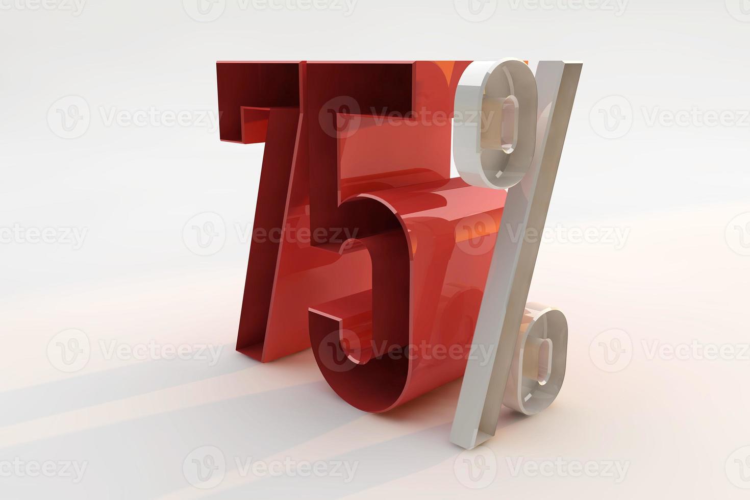 75 procent tecken 3d nummer rött. 3d rendering foto