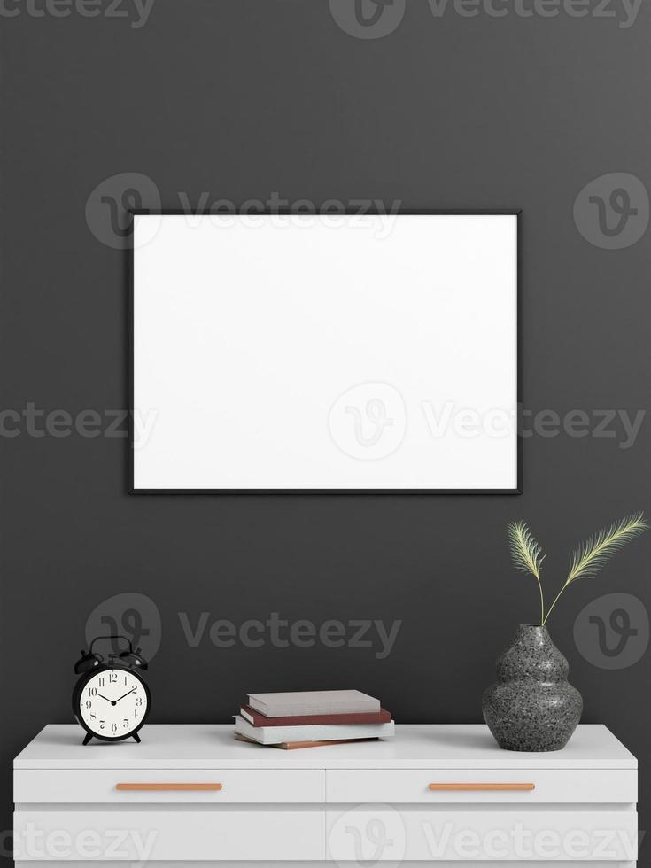 minimalistisk horisontell svart affisch eller fotoram mockup på väggen med bok och dekoration foto