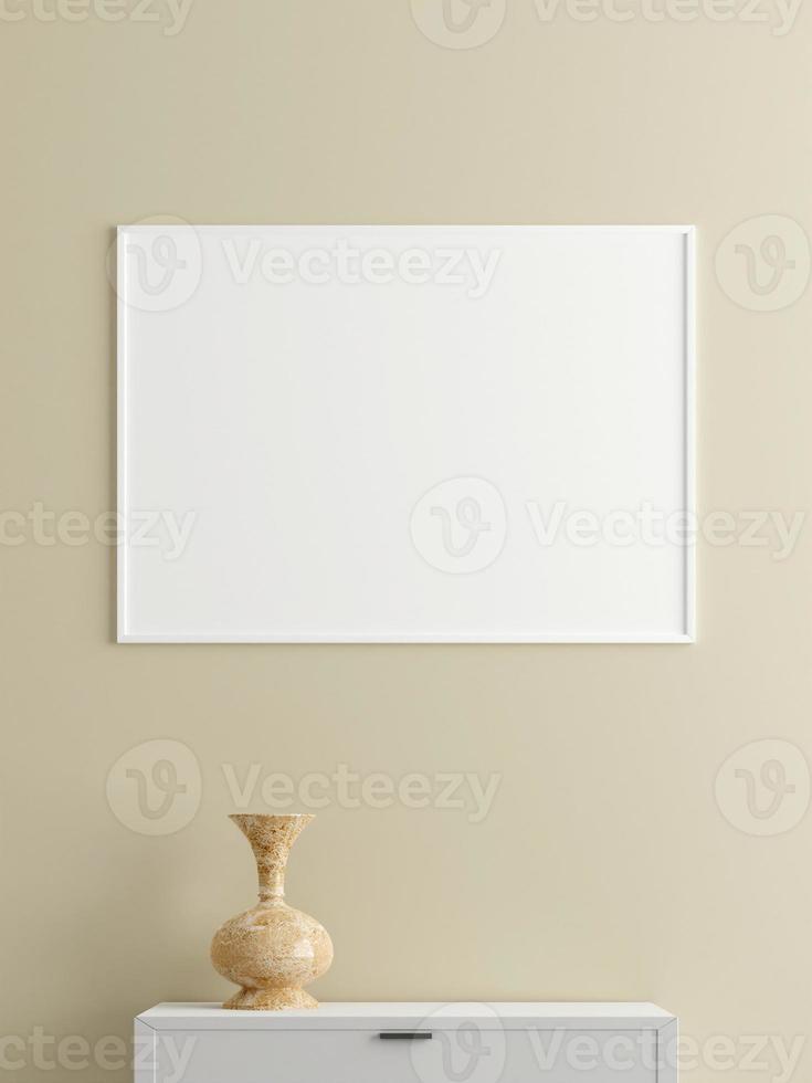 minimalistisk horisontell vit affisch eller fotoram mockup på väggen i vardagsrummet med skrivbord. 3d-rendering. foto