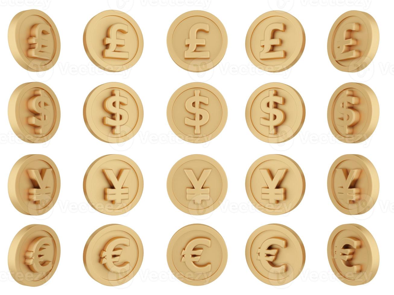 3D-rendering set med snurrande guldmynt i många vyer roterar i olika vinklar med valuta pund, dollar, yuan och euro isolerad på vit bakgrund. 3d rendering. 3d illustration. foto