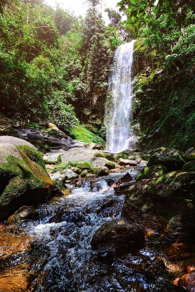 ett stort vattenfall i den fuktiga tropiska skogen i Thailand foto