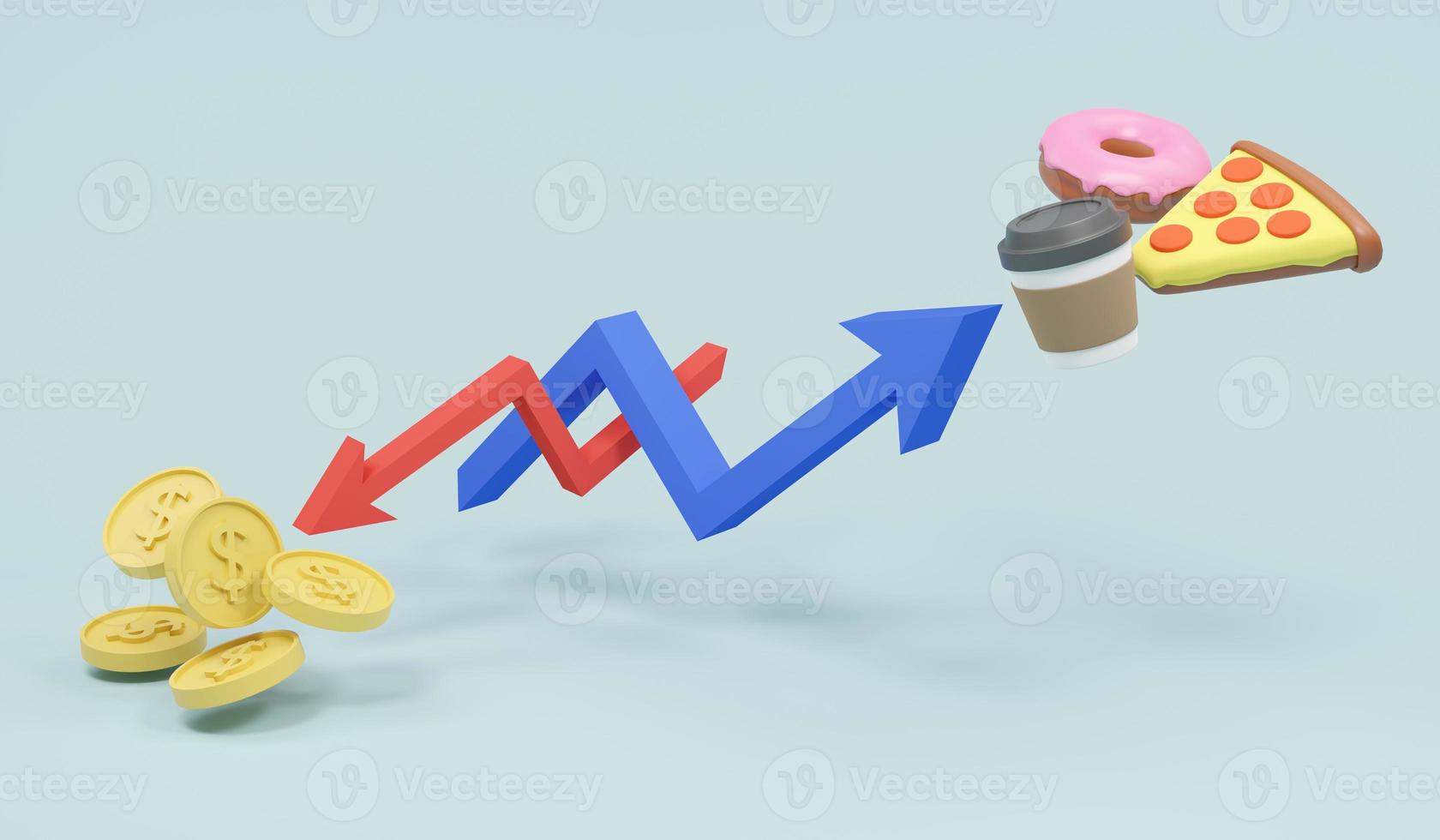 3D-rendering som pekar nedåt på en graf över pengar och en ökning av en graf över matkonceptet för stagflation högre pris på råvara men inflationen är hög foto