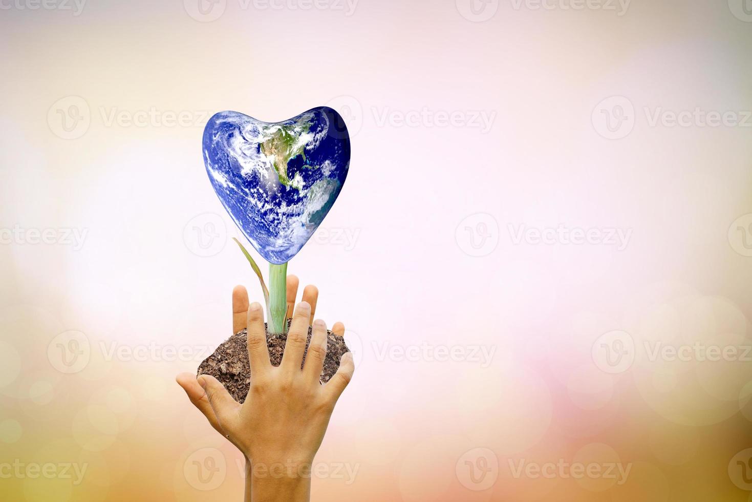 mänsklig hand som håller träd och världen på suddig natur background.world miljö dag. foto