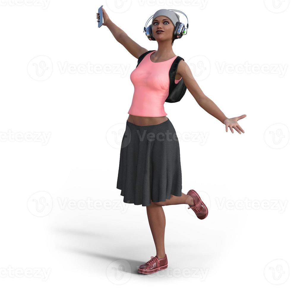 vacker ung kvinna i lediga kläder lyssnar på musik på smartphone i 3d-illustration foto