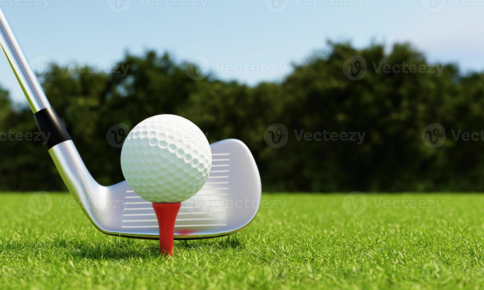 golfboll på tee och golfklubba med fairway grön bakgrund. sport och atletisk koncept. 3d illustration rendering foto