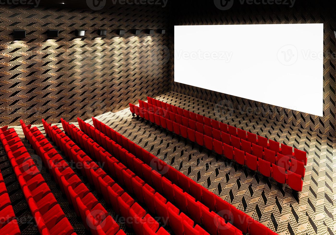 tom vit lysande bio biografskärm med realistiska röda rader av stolar och stolar med tomt kopia utrymme bakgrund. filmpremiär och underhållningskoncept. 3d illustration rendering foto