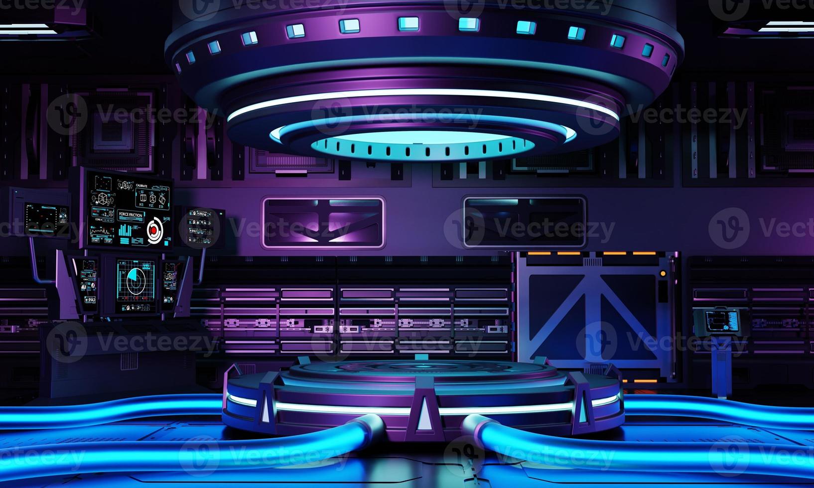 cyberpunk sci-fi produktpodium i rymdskepp med blå lila och rosa bakgrund. teknik och objekt koncept. 3d illustration rendering foto