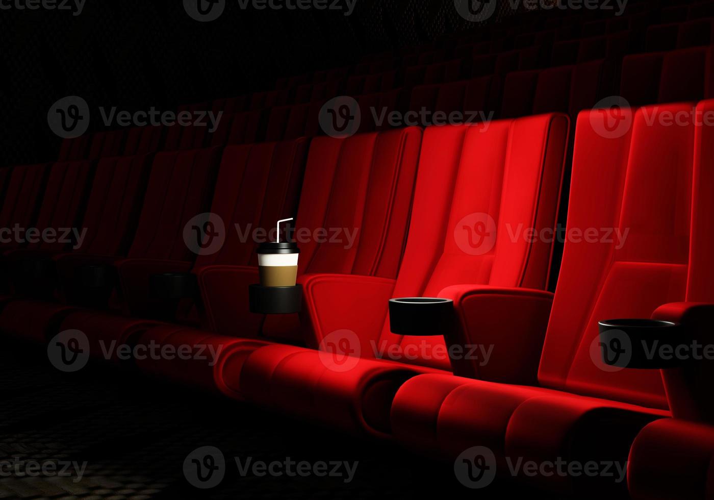 rader av röd sammet säten tittar på film på bio med kopia utrymme banner bakgrund. underhållning och teater koncept. 3d illustration rendering foto