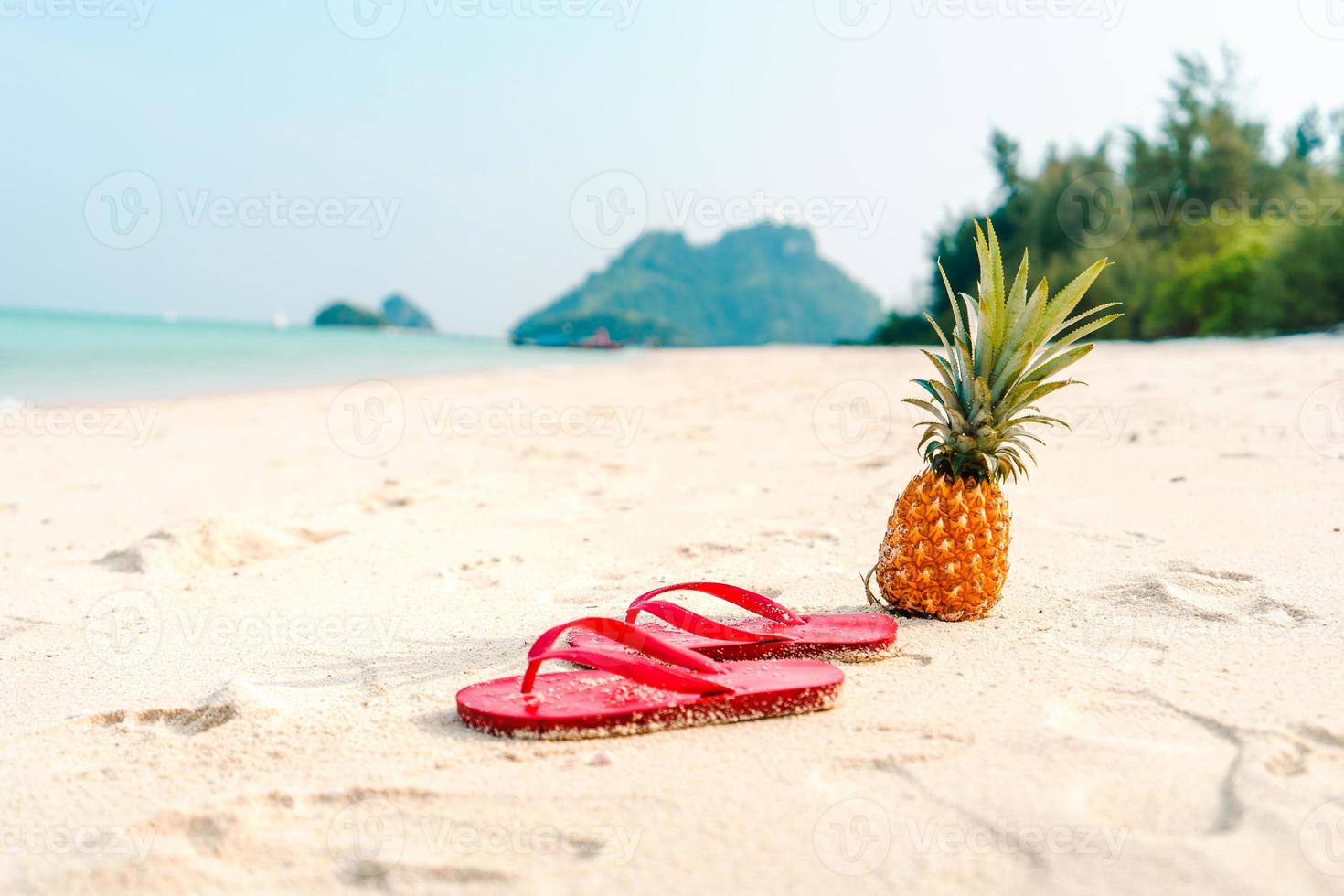 sommarstrandsemester med ananas och flip flops på stranden foto