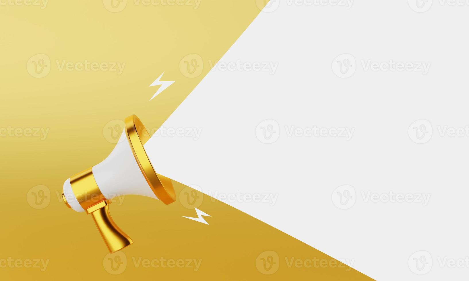 guld och vit megafon som tillkännager vit tomt tomt utrymme meddelande ballong på guld bakgrund. affärs- och marknadsföringskoncept. 3d illustration rendering foto