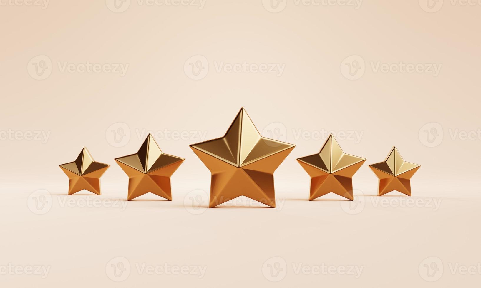 fem gyllene stjärnor feedback rank röst på orange bakgrund. åsikts- och marknadsundersökningskoncept. 3d illustration rendering foto