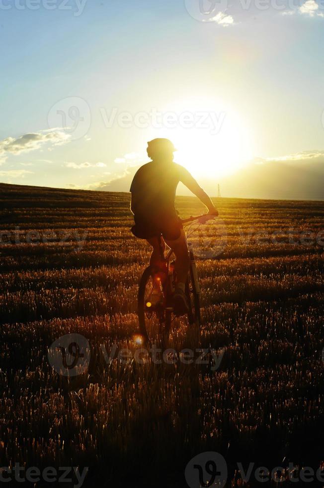 mountainbike ryttare som rider genom halmfältet vid solnedgången foto