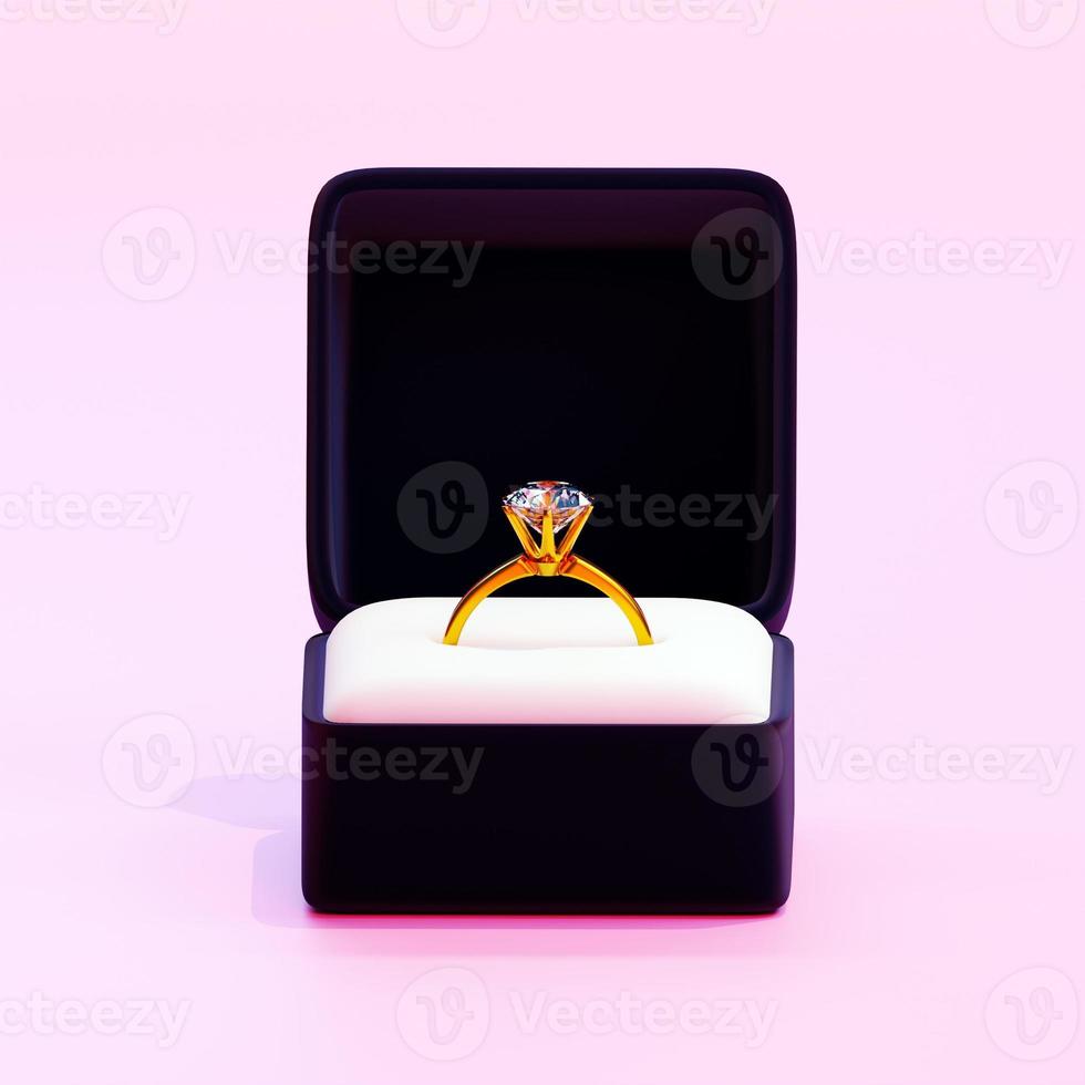 diamantförlovningsring i blå ask. 3d-rendering foto