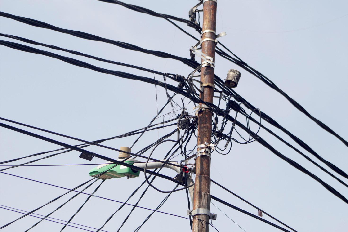 foto av en elektrisk stolpe med trassliga ledningar