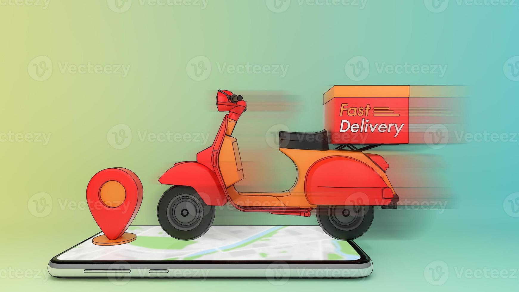 rörlig skoter på mobiltelefon med röd pinpoint., Begreppet snabb leveransservice och shopping online., 3D-illustration med objekt urklippsbana. foto
