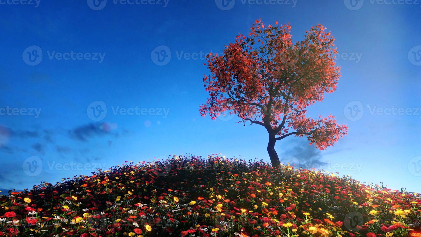 fält av blommor och stora träd som får solljuset under dagen. ljus himmel och moln 3d-rendering foto