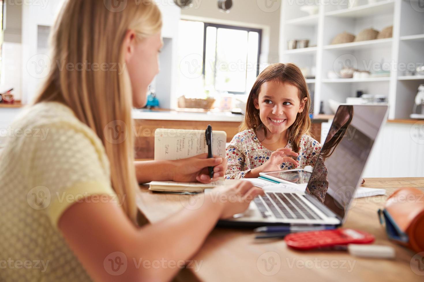 systrar tillbringar tid tillsammans med datorer hemma foto