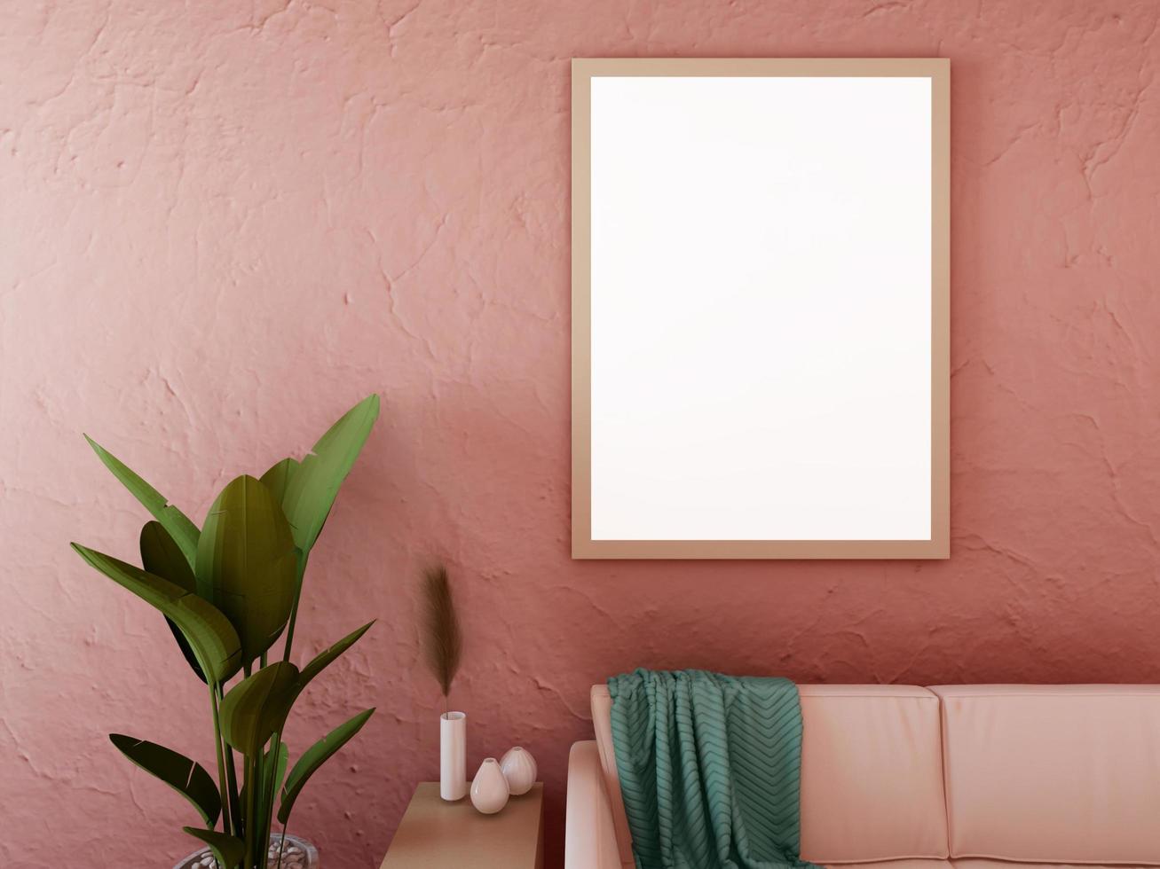 mock up av affischram i trägolv modern interiör i vardagsrum med några träd isolerade på ljus bakgrund, 3d-rendering, 3d-illustration foto