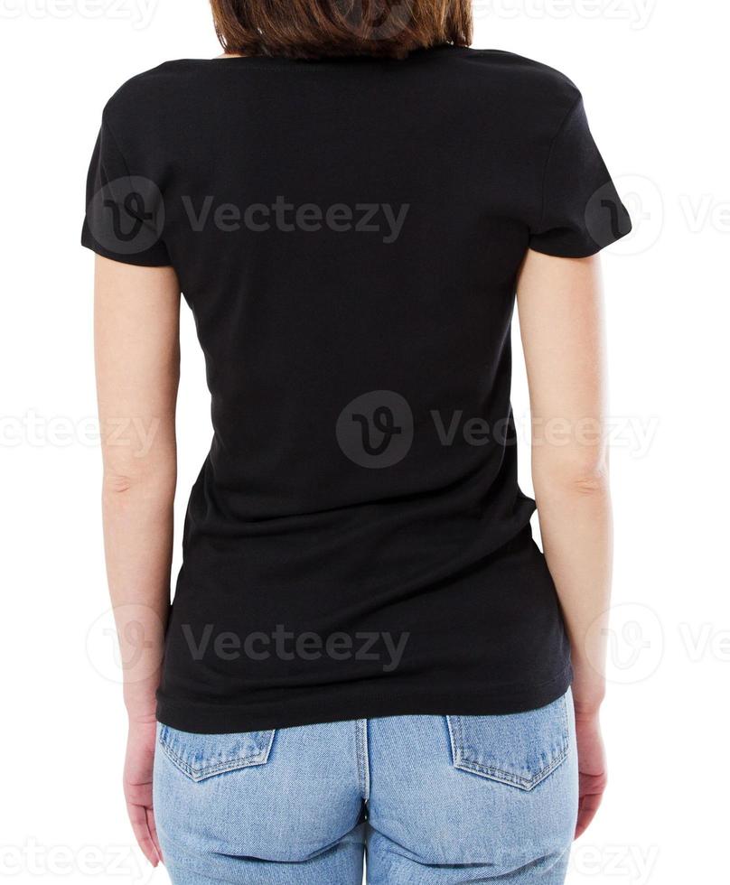 bakifrån kvinna i svart t-shirt på vit bakgrund, blank foto