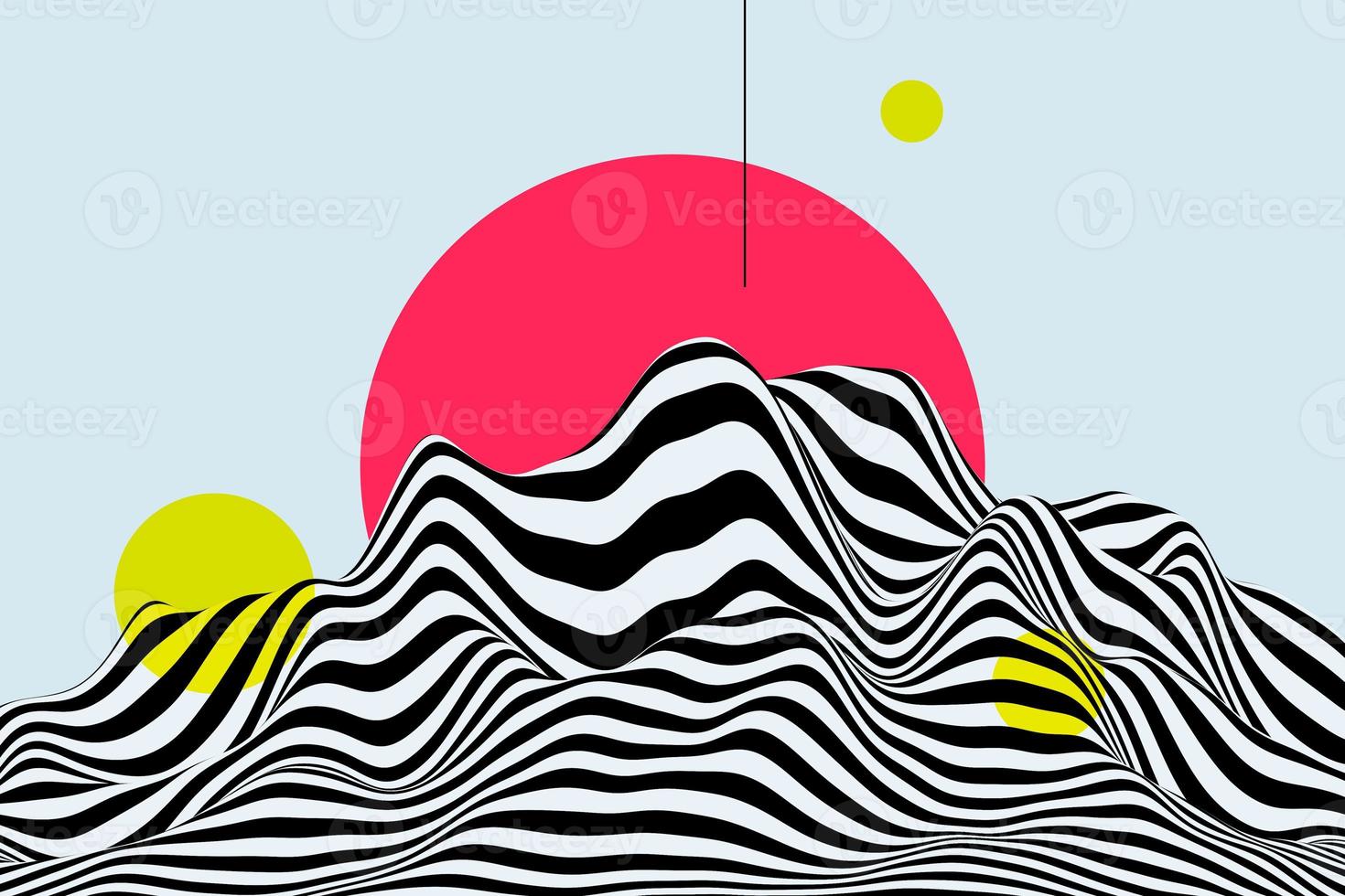 svart och vit våg 3d bakgrund. snygg dynamisk randig bergsyta. abstrakt smidig virvelmönster textur med rosa sol och gul cirkel bokef effekt foto