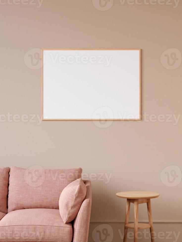 modern och minimalistisk horisontell träaffisch eller fotorammockup på väggen i vardagsrummet. 3d-rendering. foto