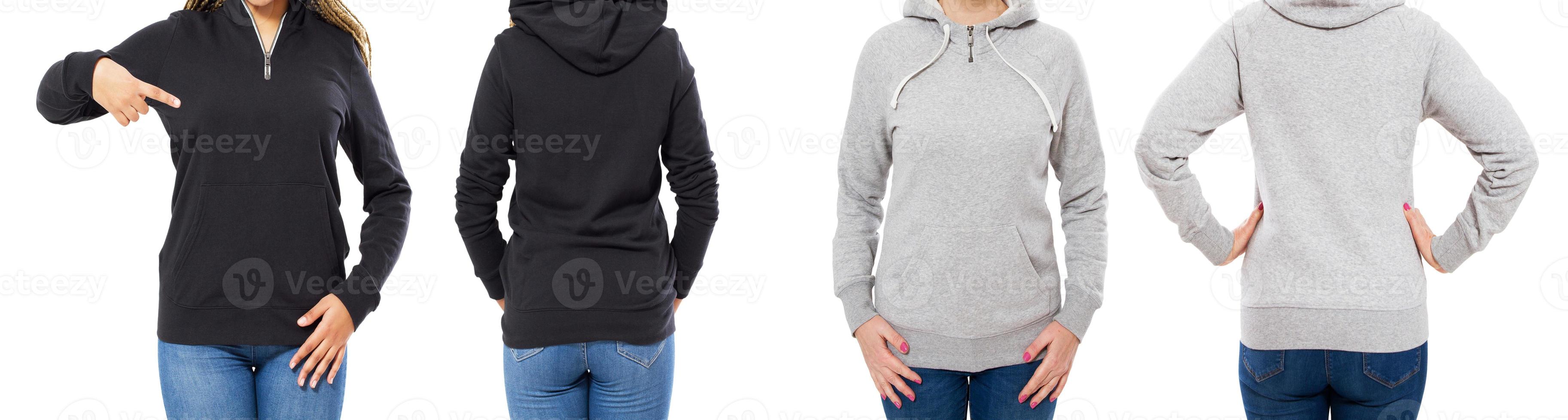 uppsättning av kvinnlig hoodie mock up isolerade över vit bakgrund foto