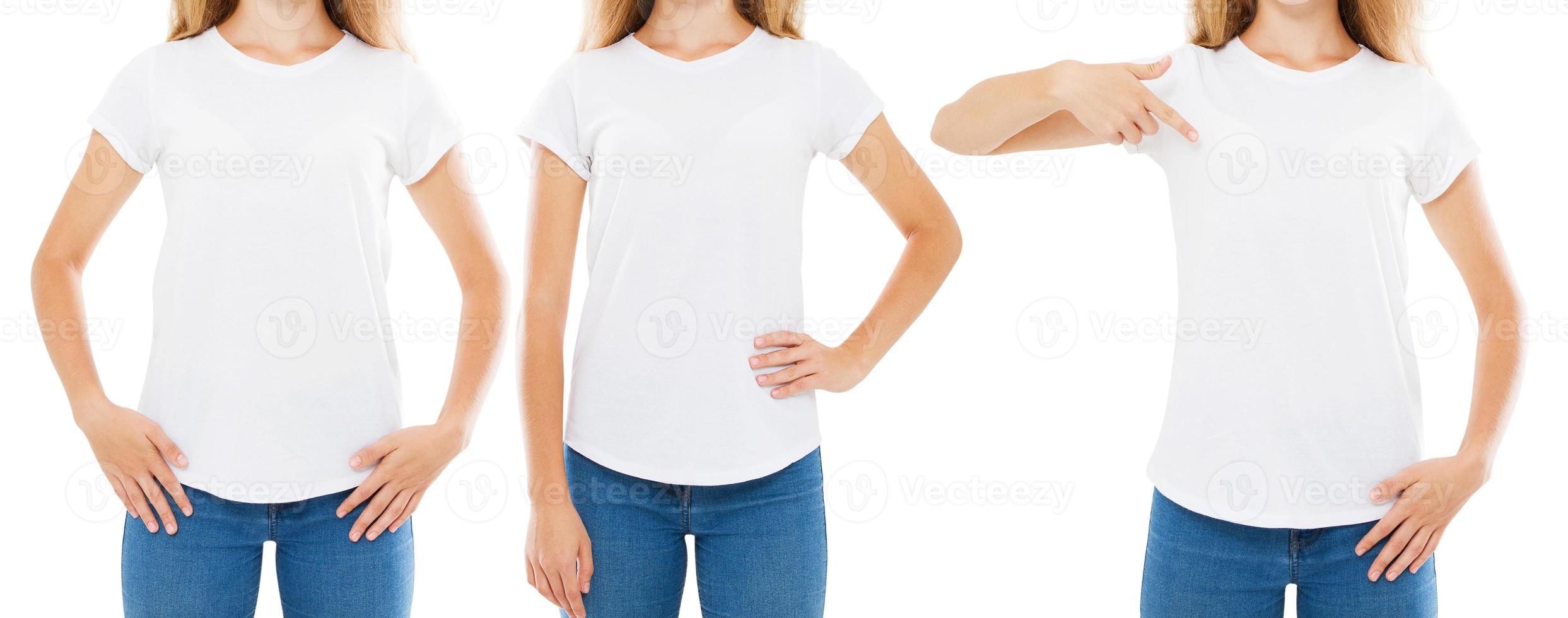 kvinna t shirt set, framsidan baksidan vyer t-shirt isolerad på vitt, tshirt collage foto