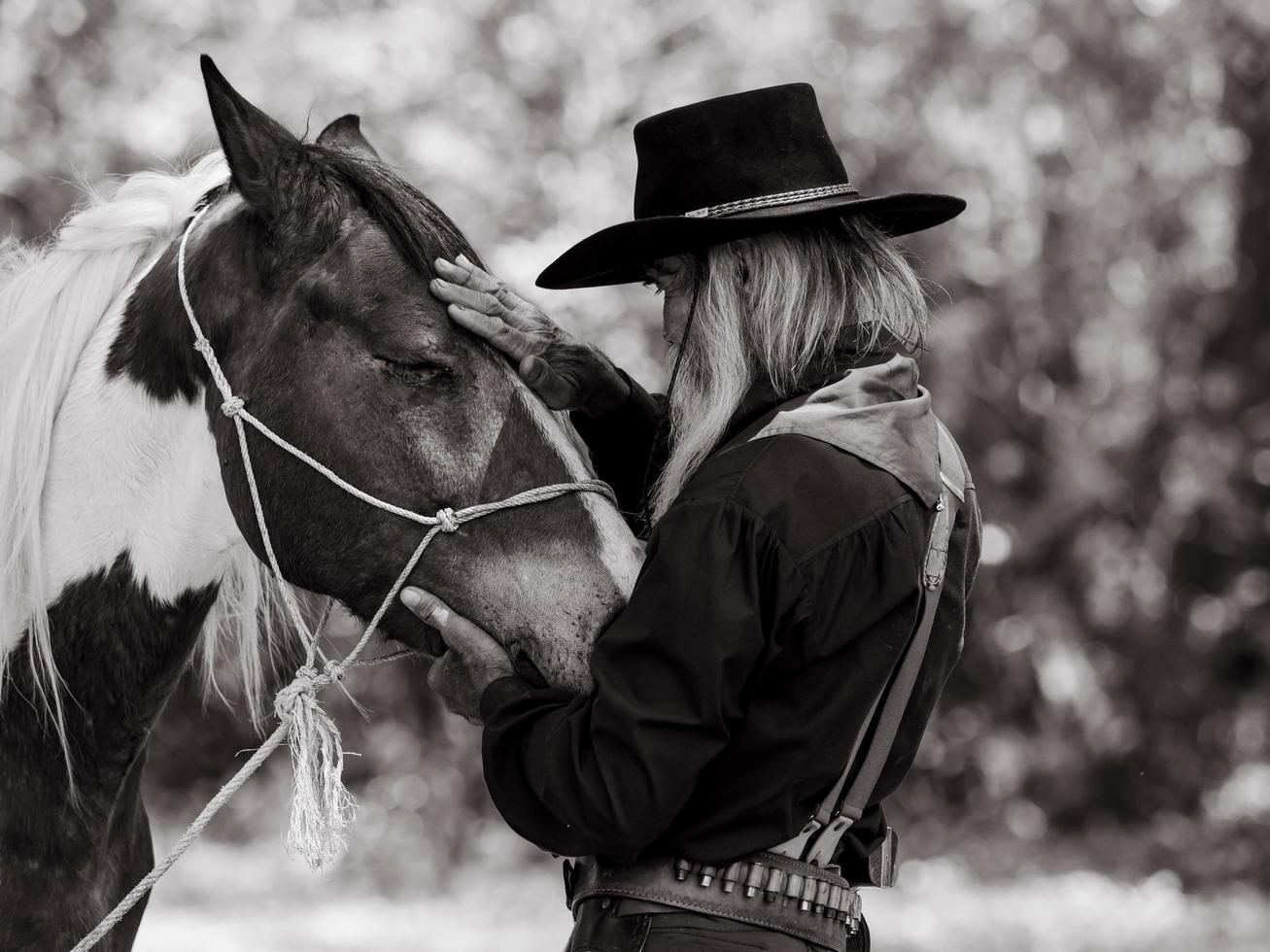 cowboy rör vid hästen med kärlek foto
