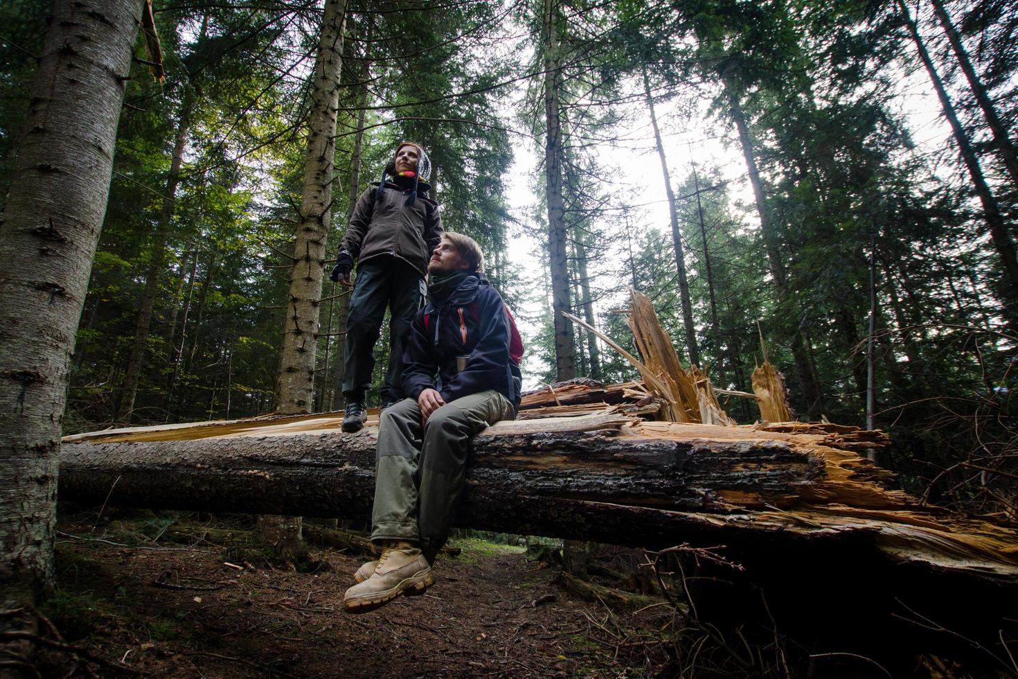 ungt par vandrare med termoskoppar i skogen, resenärer på berg som dricker te eller kaffe foto