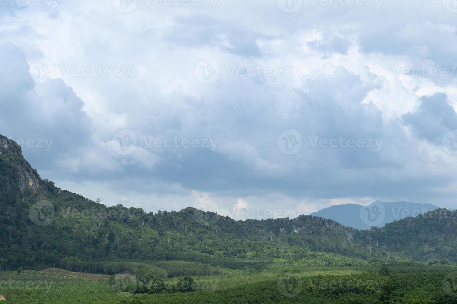 landskapsvy av kullar täckta med träd. under blå himmel och vita clounds. på wang chan, rayong thailand. foto