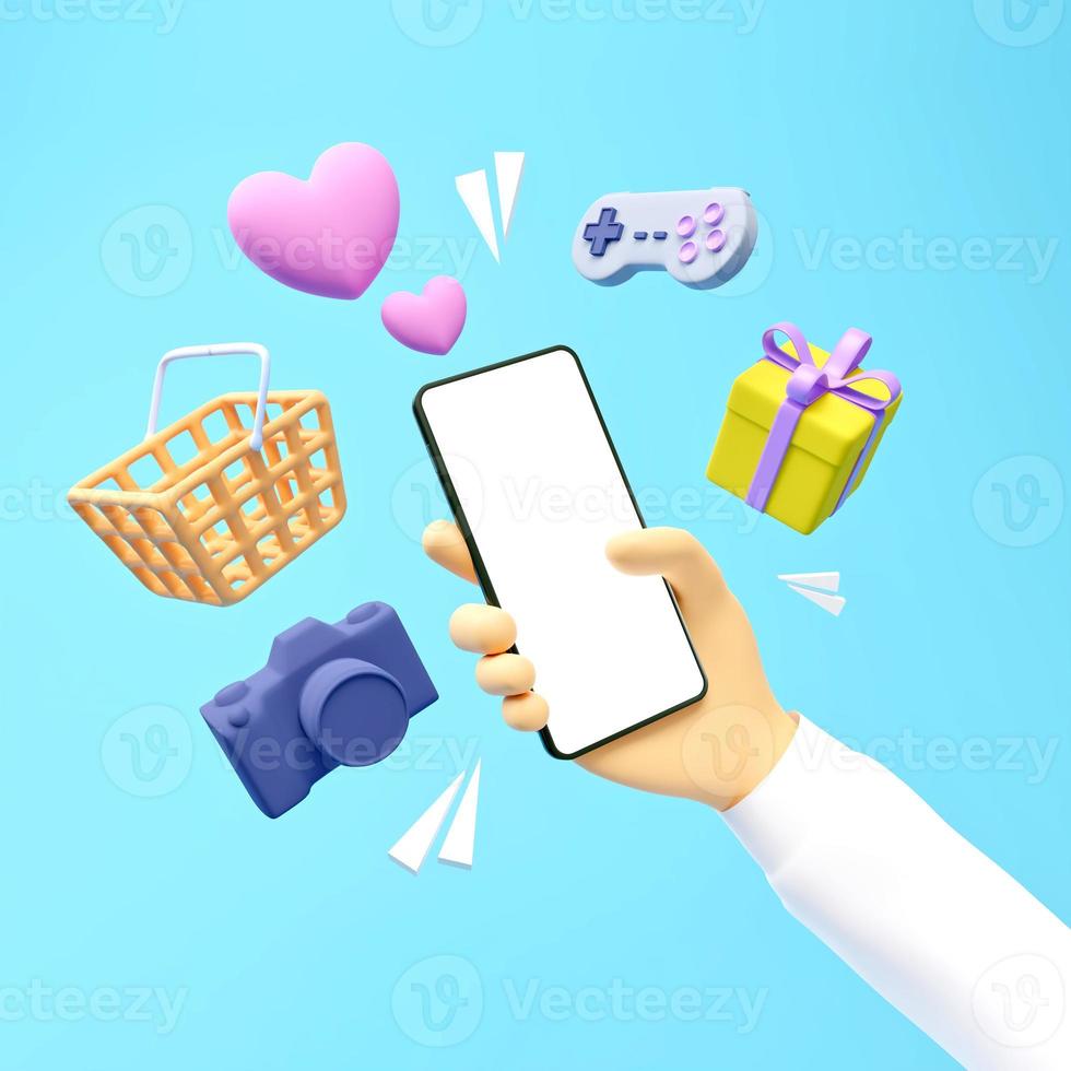 hand som håller telefonen omgiven av ikoner, 3D-rendering foto