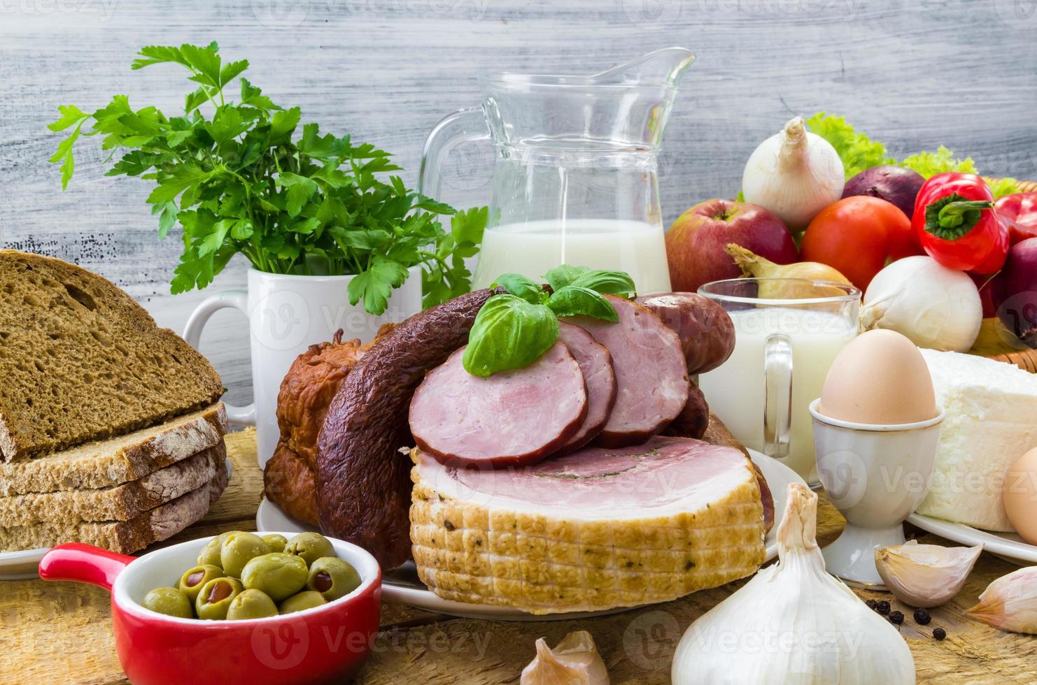 sammansättning olika livsmedelsprodukter kött mejeri foto