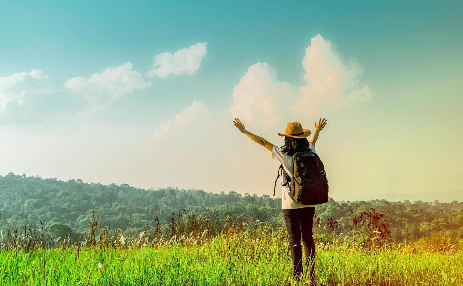 glad kvinna turist med hatt och ryggsäck stående och höja händerna upp på kullen med grönt gräs fält på solskensdag med blå himmel och cumulus moln. unga resenärer njuta av vacker natur. foto