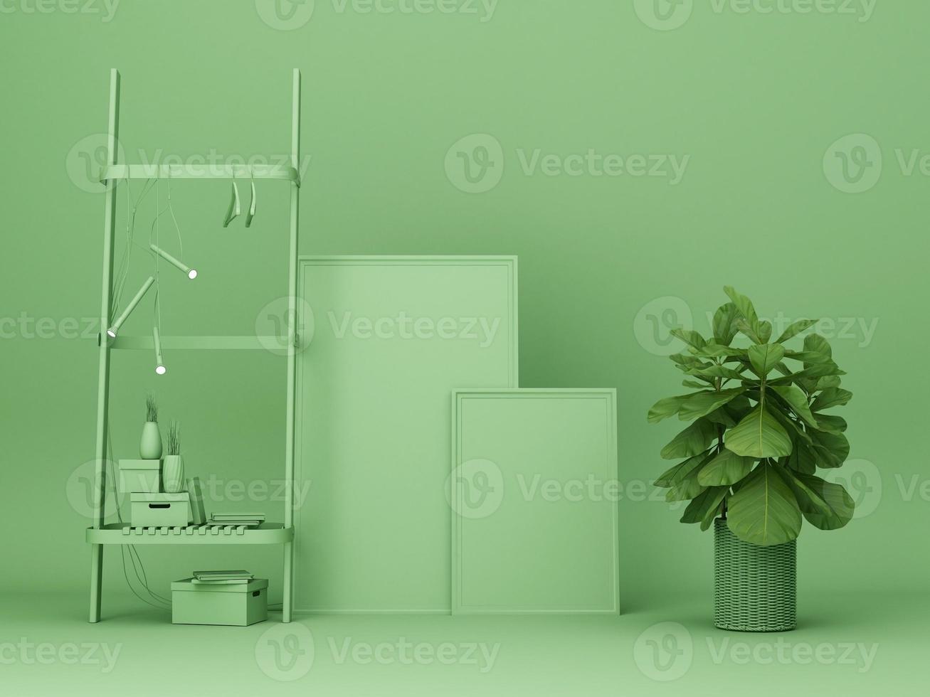 abstrakt möbelhylla och konstverk ram med plant.3d-rendering foto