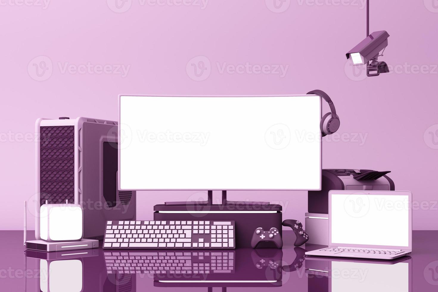 dator och bärbar vit skärm med många prylar på teble i pastellton. 3d-rendering foto
