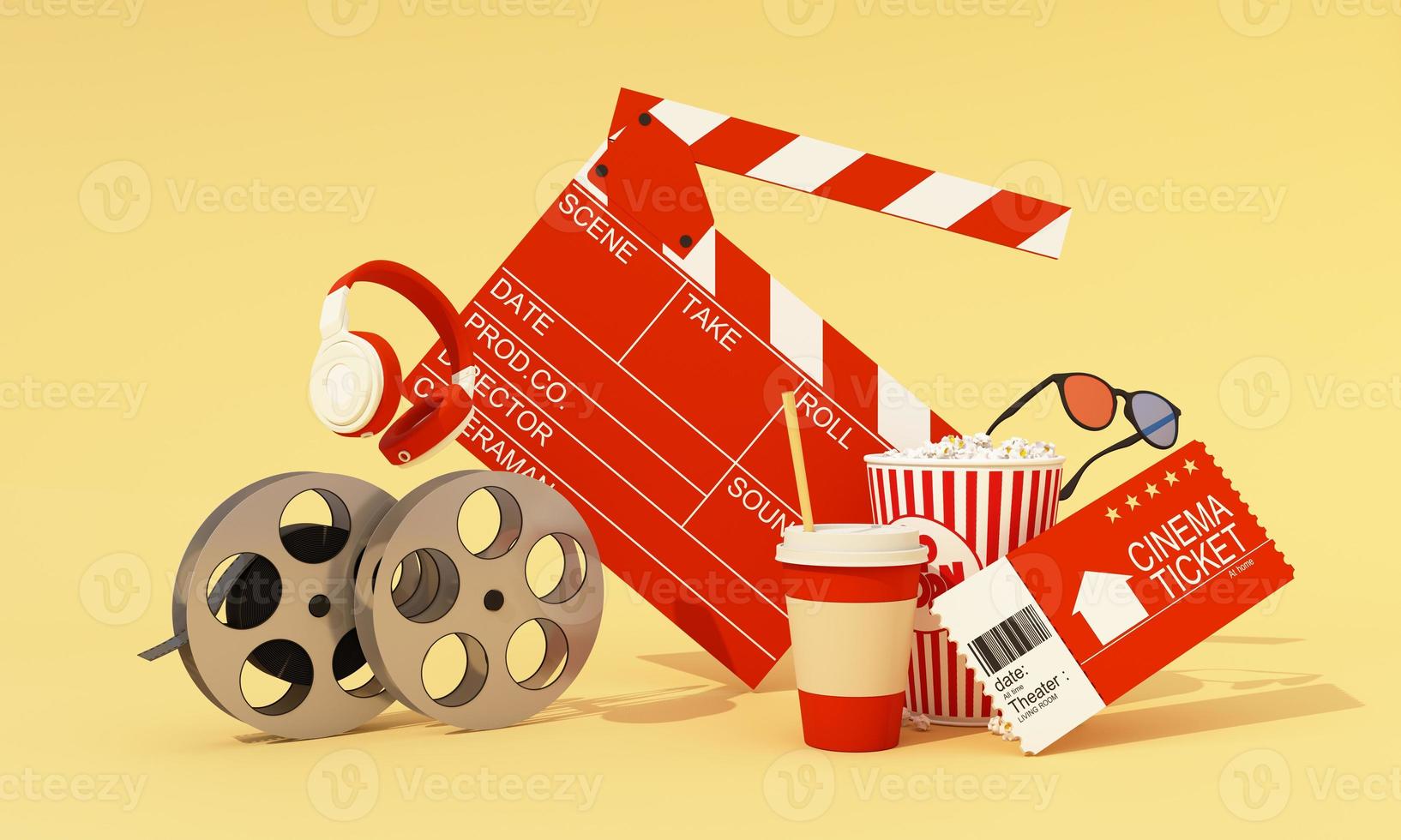 konceptet att titta på film online hemma. crapperboard omgiven av filmutrustning, biobiljetter, filmrullar, filmkameror popcorn och drinkar isolerade på bakgrunden 3d-rendering foto