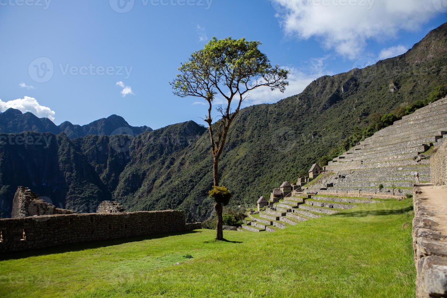 världens under machu picchu i peru. vackert landskap i Andes bergen med inkans heliga stadsruiner. foto