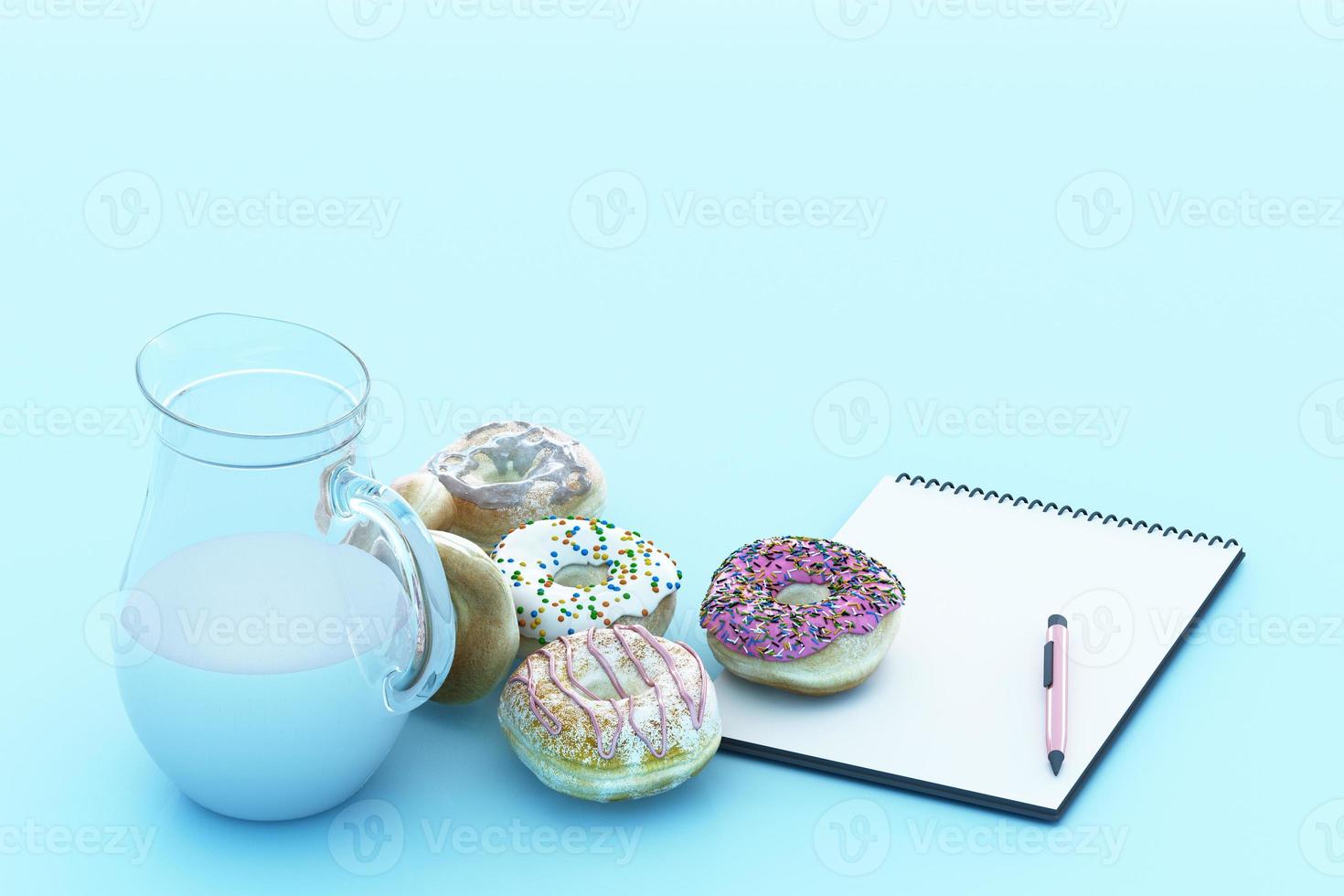 färgglada munk och mjölk kopp med pastell bakgrund. 3d-rendering foto