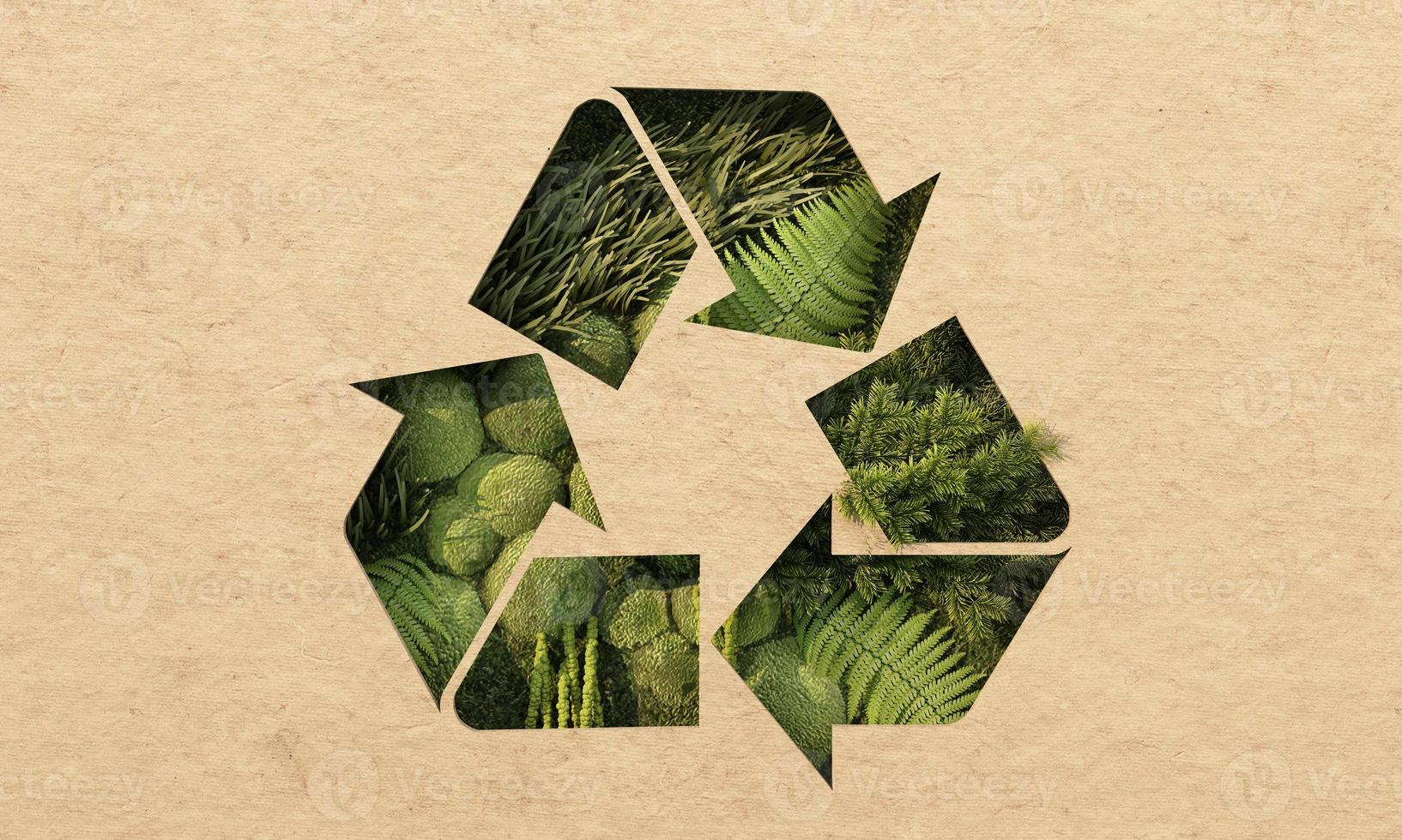 grön jord återvinning koncept jord dag omgiven av jordklot, återvinning symbol ikon och trä hand på en grön bakgrund med floder. realistisk tecknad 3d-rendering foto