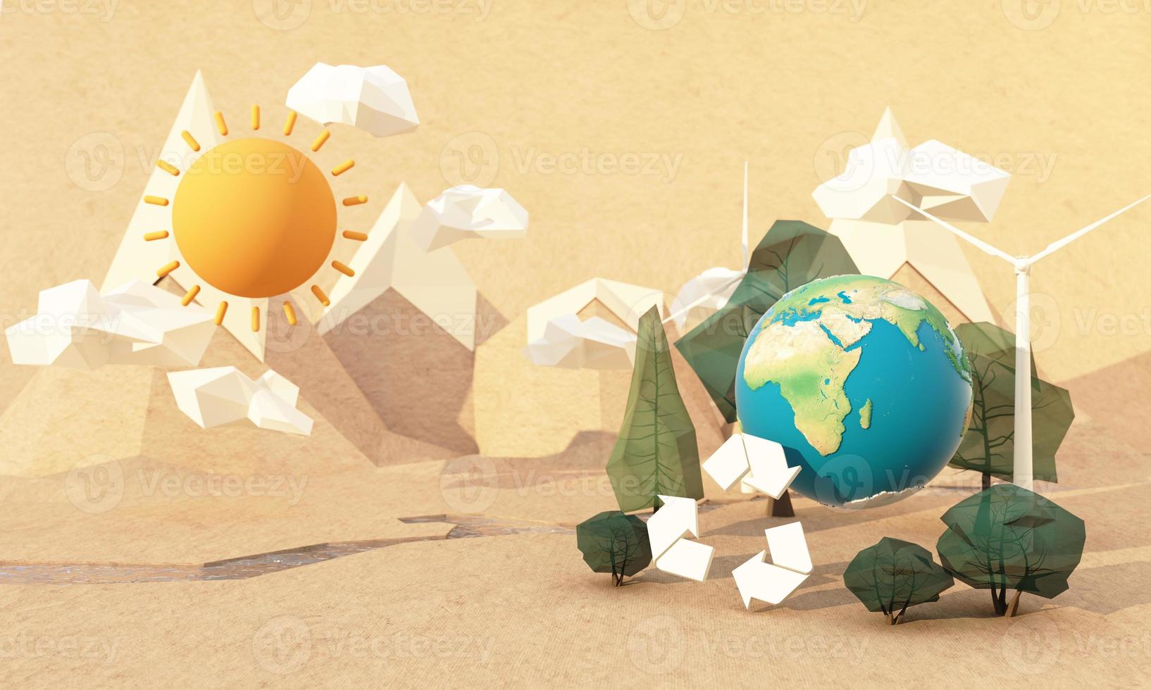 grön jord återvinning koncept jord dag omgiven av jordklot, träd, moln, låg poly och sol med väderkvarnar på en brun kartong papper bakgrund med floder. realistisk tecknad 3d-rendering foto