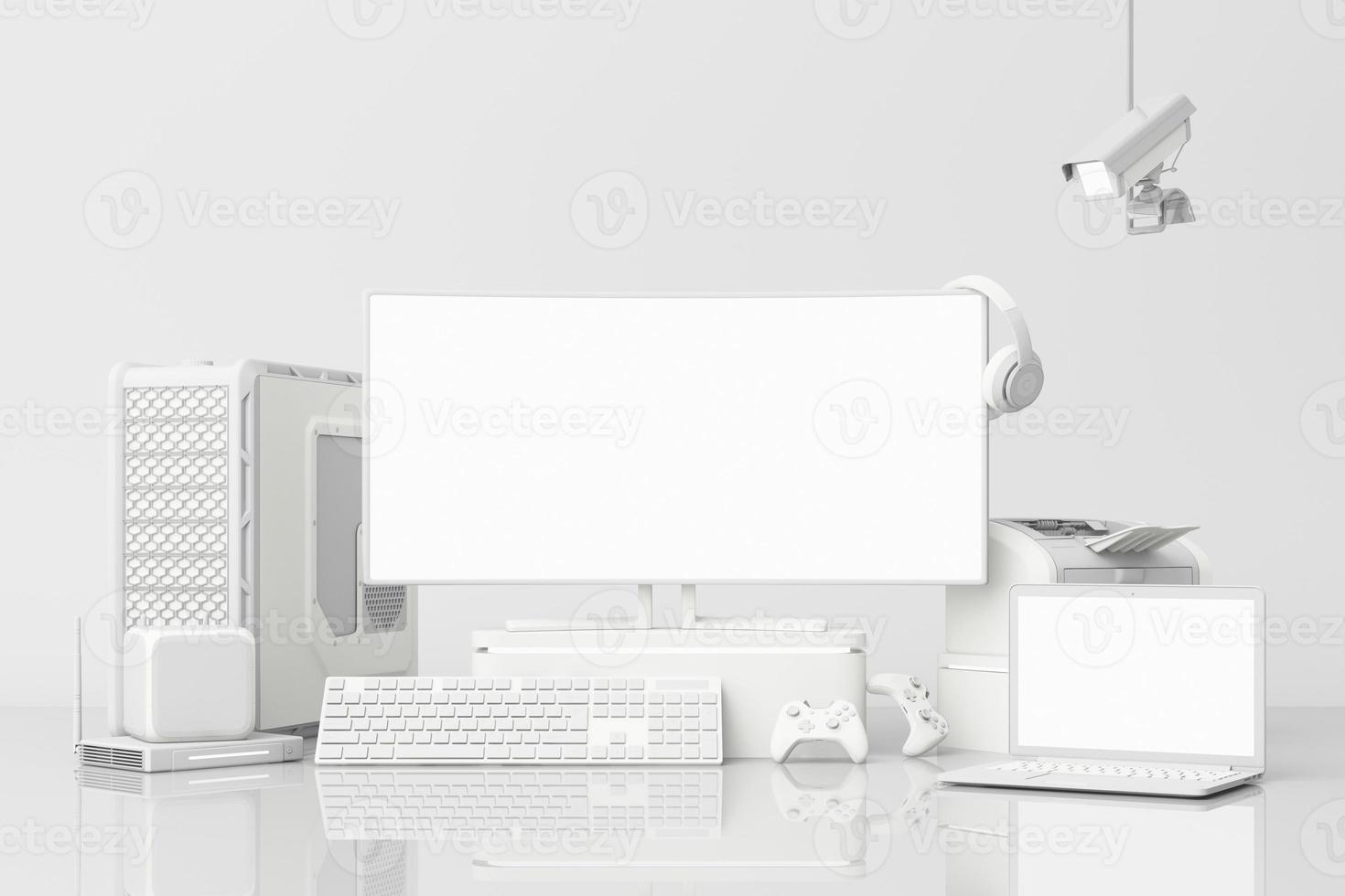 dator och bärbar vit skärm med många prylar på teble i pastellton. 3d-rendering foto