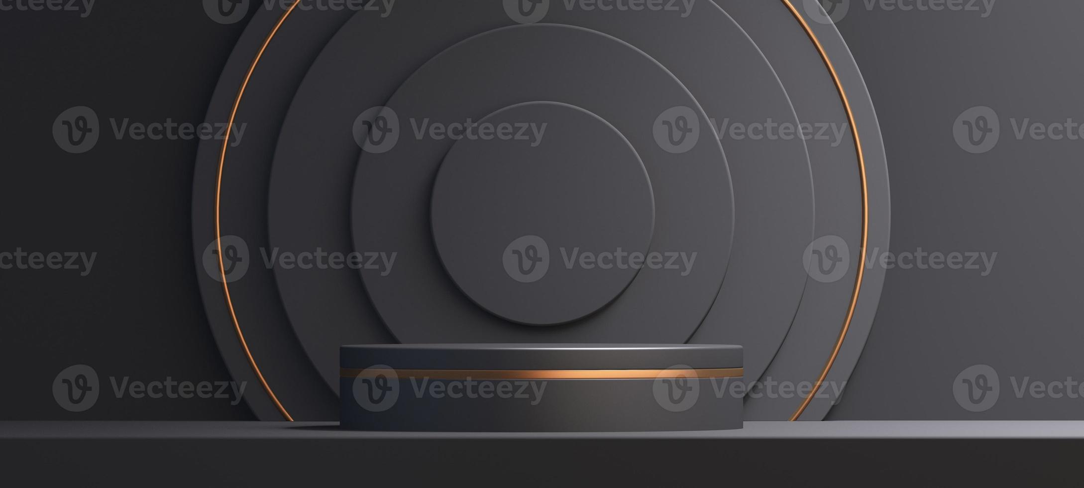 3D-podiumproduktmodell med abstrakt bakgrund på svart och guldbakgrund, 3d-renderingsillustration foto