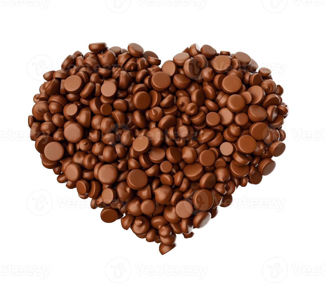 hjärta form gjord av chokladchips chokladbitar kärlek tecken 3d illustration foto