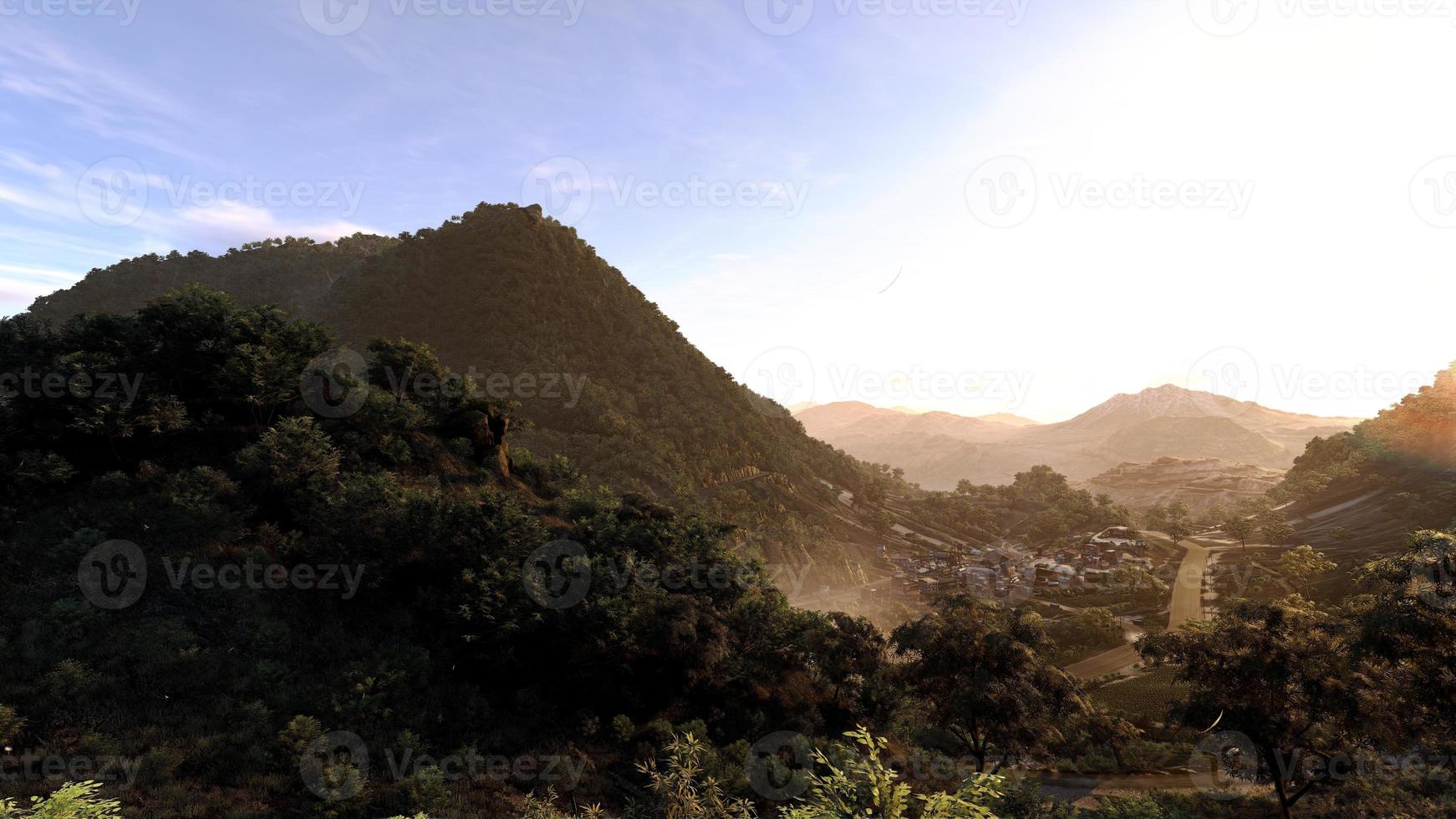 stora och höga berg där solljus kastar skuggor av berg bland natur, skogar och små städer på landsbygden 3d-rendering. foto