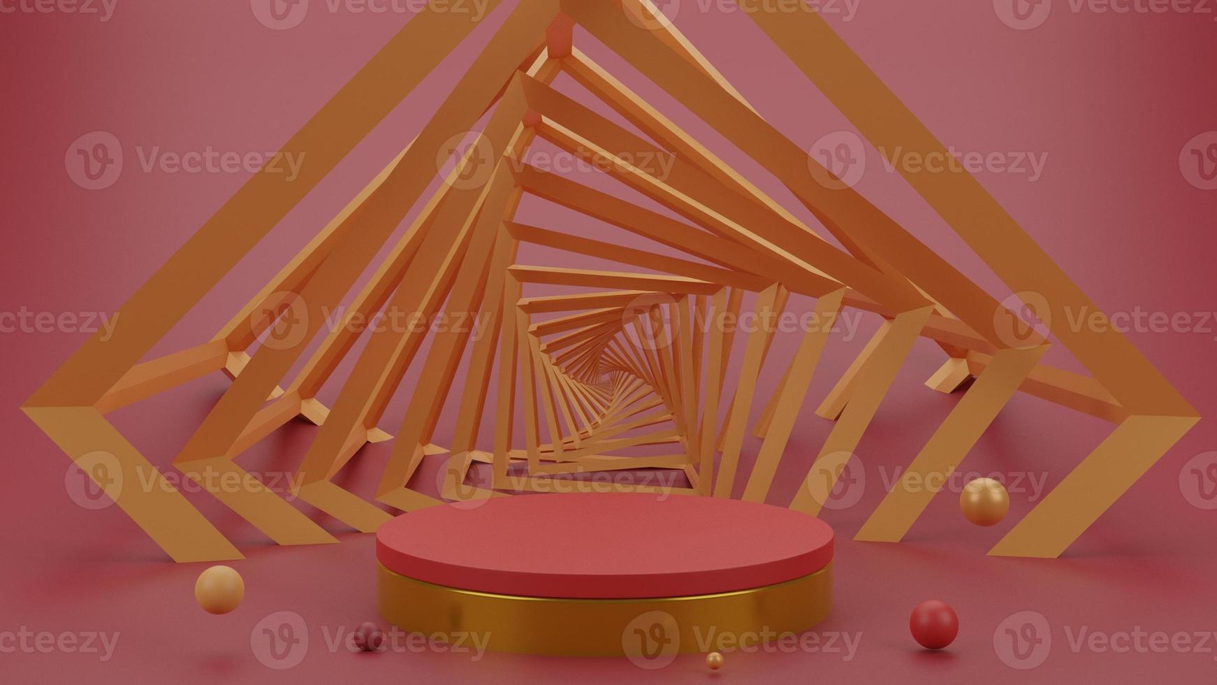 guldpodium med mobius torus och bollflöde på röd studiobakgrund, produktvisningsscen, bakgrund för varumärkesbyggande och produktpresentation. 3D-renderingsillustration foto