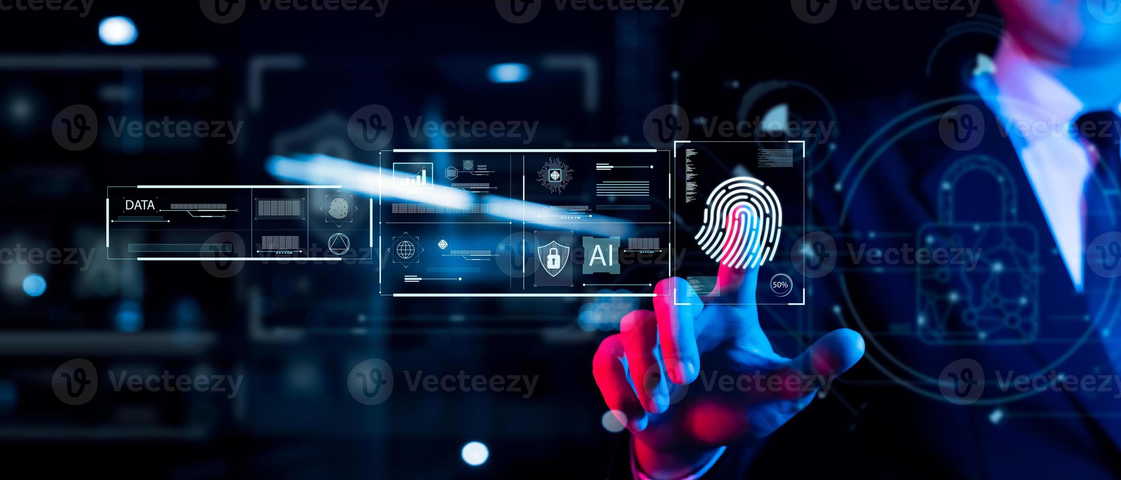affärsman fingeravtrycksskanning och biometrisk autentisering, cybersäkerhet och fingeravtryckslösenord, framtidsteknik och cybernetik. foto